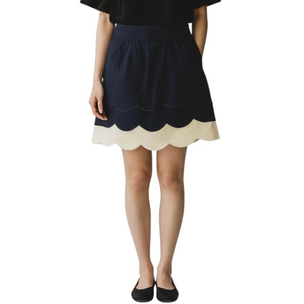 Floreat Anthropologie Scalloped Clouds Skirt Women’s Sz 0 Navy Cream Tiered Mini